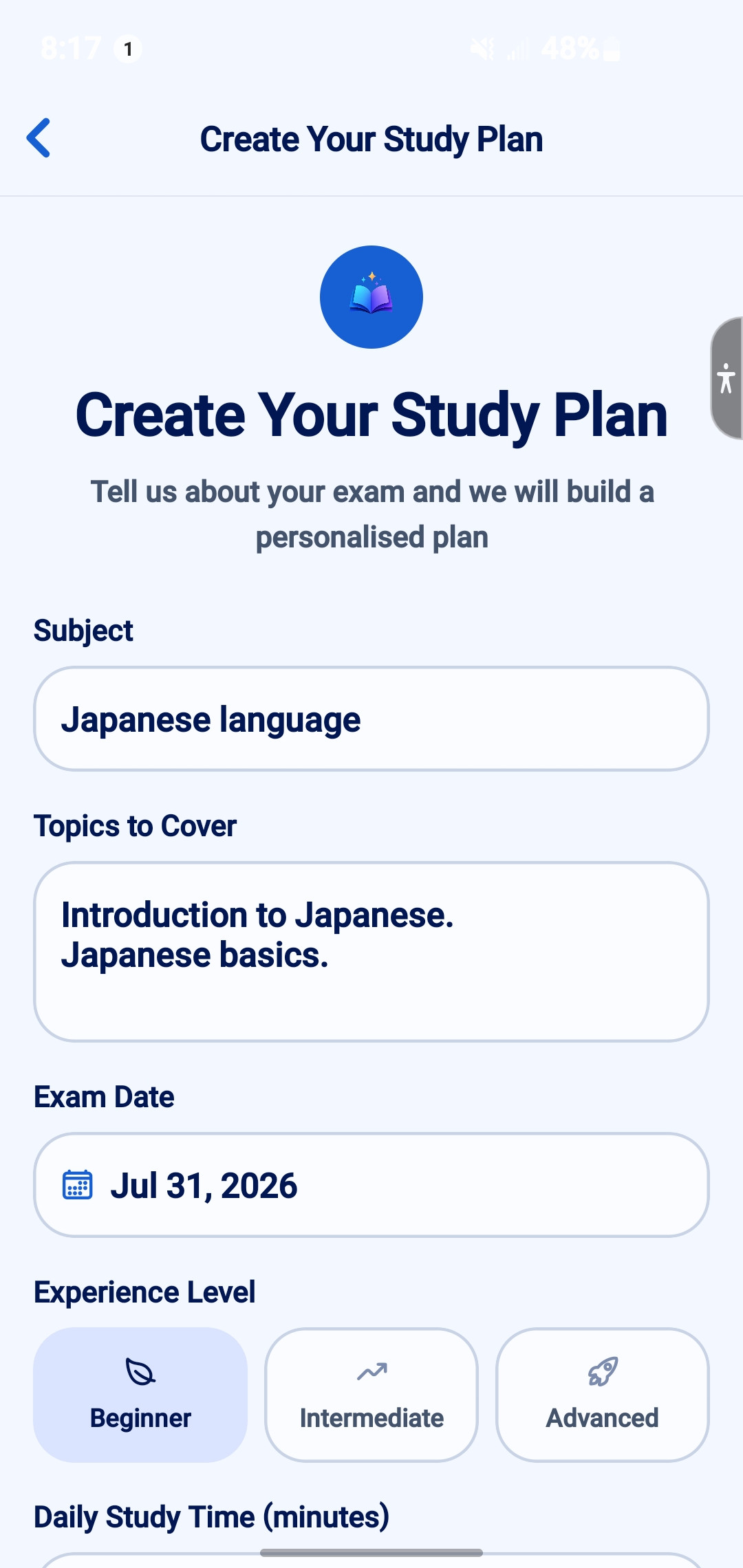 Uno create study plan screen