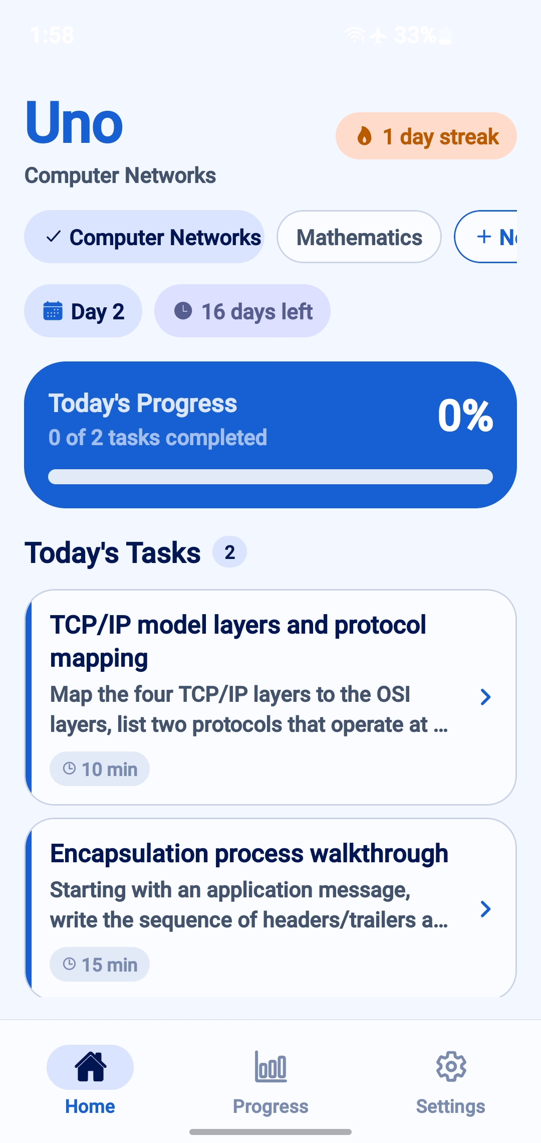 Uno home screen showing today's tasks